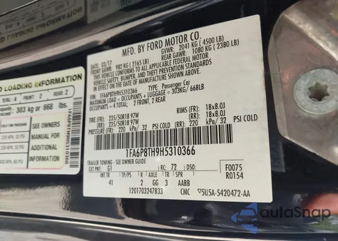 2017 Ford Mustang Ecoboost z USA, uszkodzony, nr VIN 1FA6P8TH9H5310366